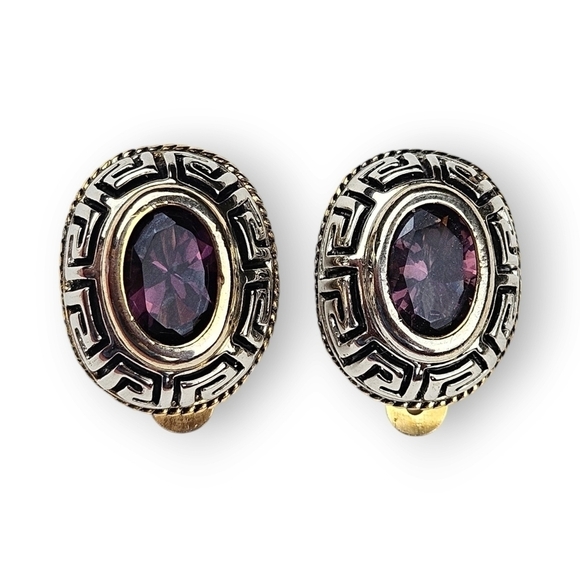 Vintage 80s Runway Earrings Purple Glass Gem Greek Key Silver Gold Plate Clip On - Picture 1 of 7
